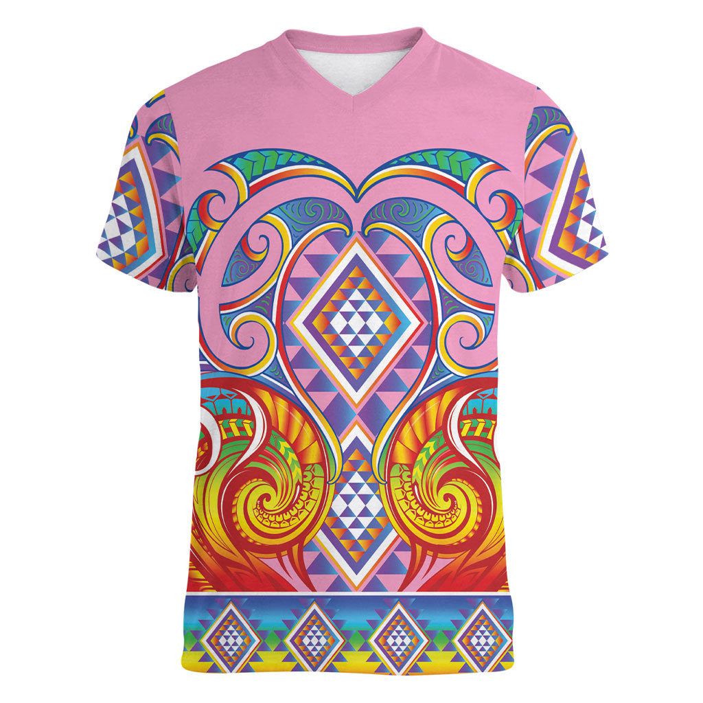 Rainbow Ngaru Taniko With Aotearoa Maori Tattoo Women V-Neck T-Shirt