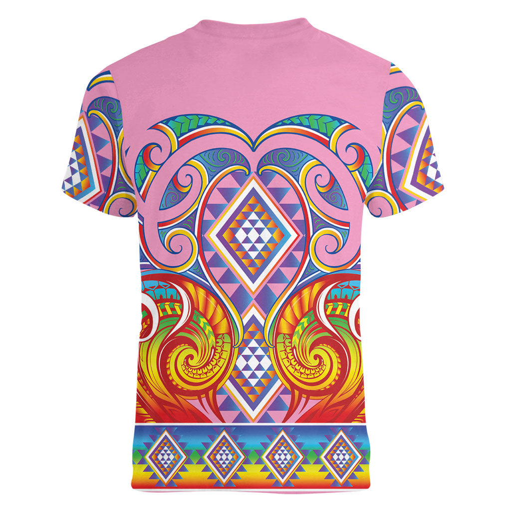 Rainbow Ngaru Taniko With Aotearoa Maori Tattoo Women V-Neck T-Shirt