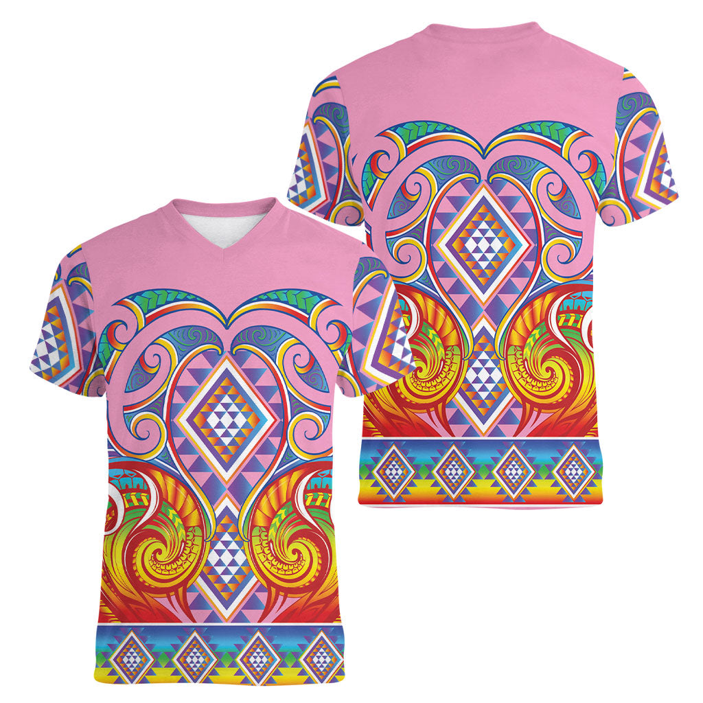 Rainbow Ngaru Taniko With Aotearoa Maori Tattoo Women V-Neck T-Shirt