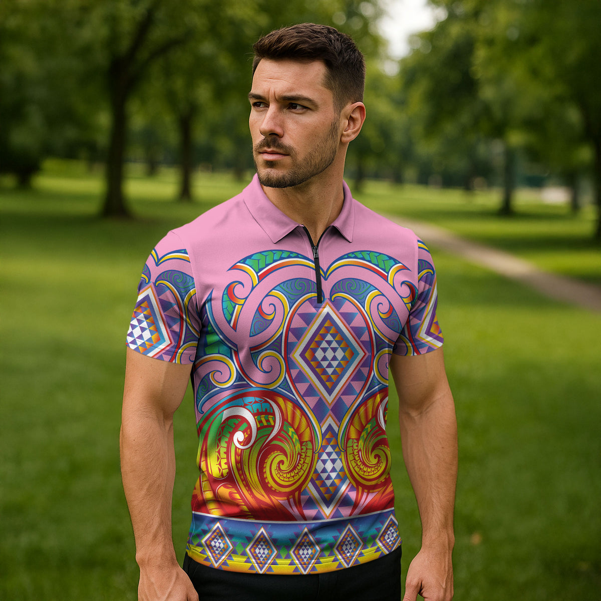 Rainbow Ngaru Taniko With Aotearoa Maori Tattoo Zipper Polo Shirt
