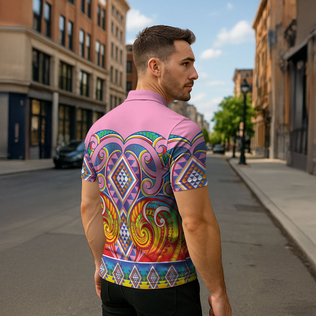 Rainbow Ngaru Taniko With Aotearoa Maori Tattoo Zipper Polo Shirt