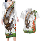 Australia Superb Lyrebird Couples Matching Long Sleeve Bodycon Dress and Hawaiian Shirt Aussie Map - Rainforest Vibes