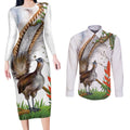 Australia Superb Lyrebird Couples Matching Long Sleeve Bodycon Dress and Long Sleeve Button Shirt Aussie Map - Rainforest Vibes