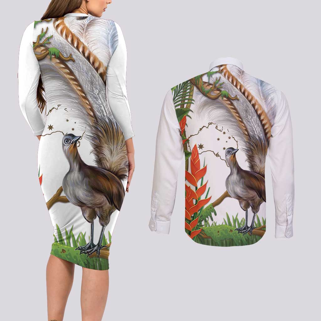 Australia Superb Lyrebird Couples Matching Long Sleeve Bodycon Dress and Long Sleeve Button Shirt Aussie Map - Rainforest Vibes