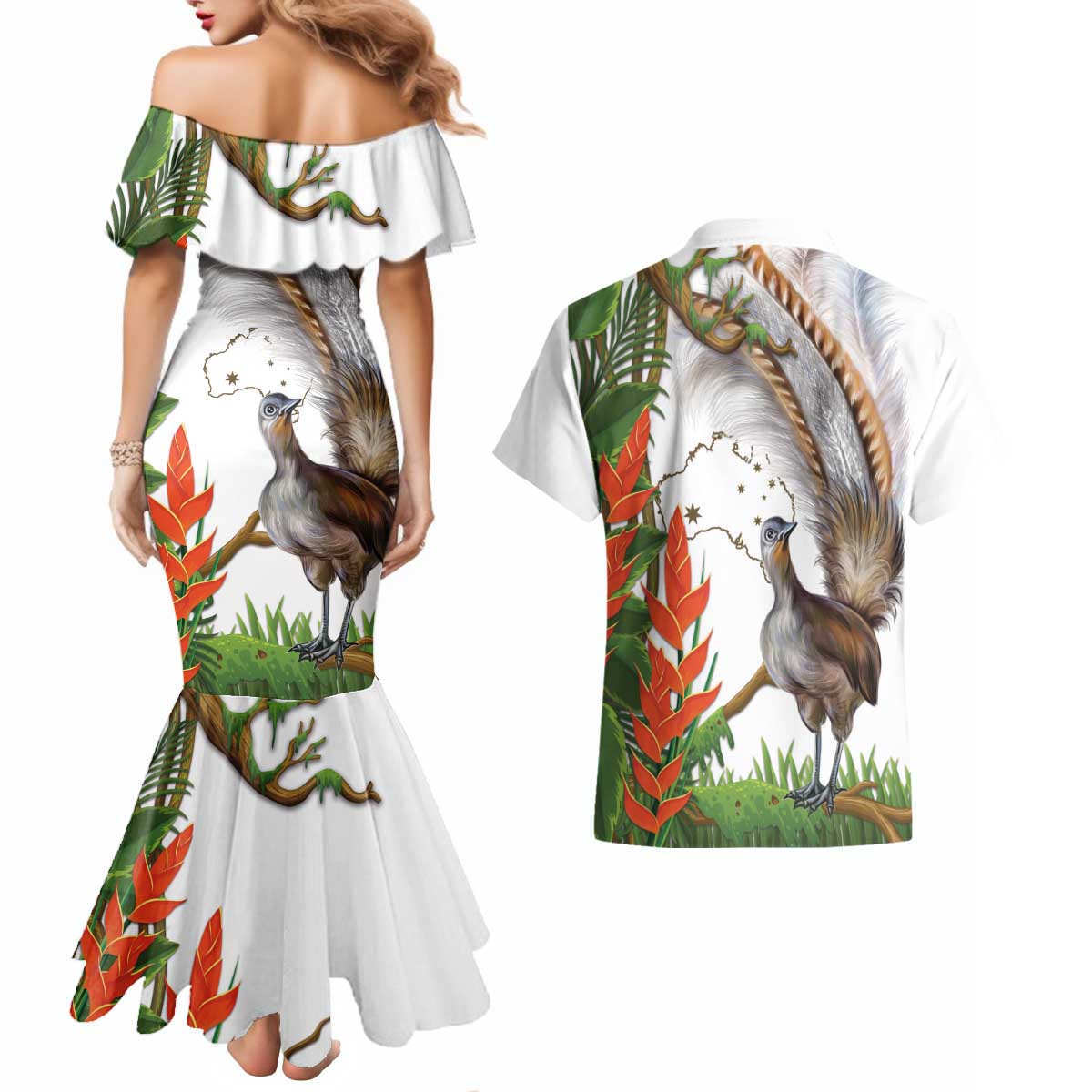 Australia Superb Lyrebird Couples Matching Mermaid Dress and Hawaiian Shirt Aussie Map - Rainforest Vibes