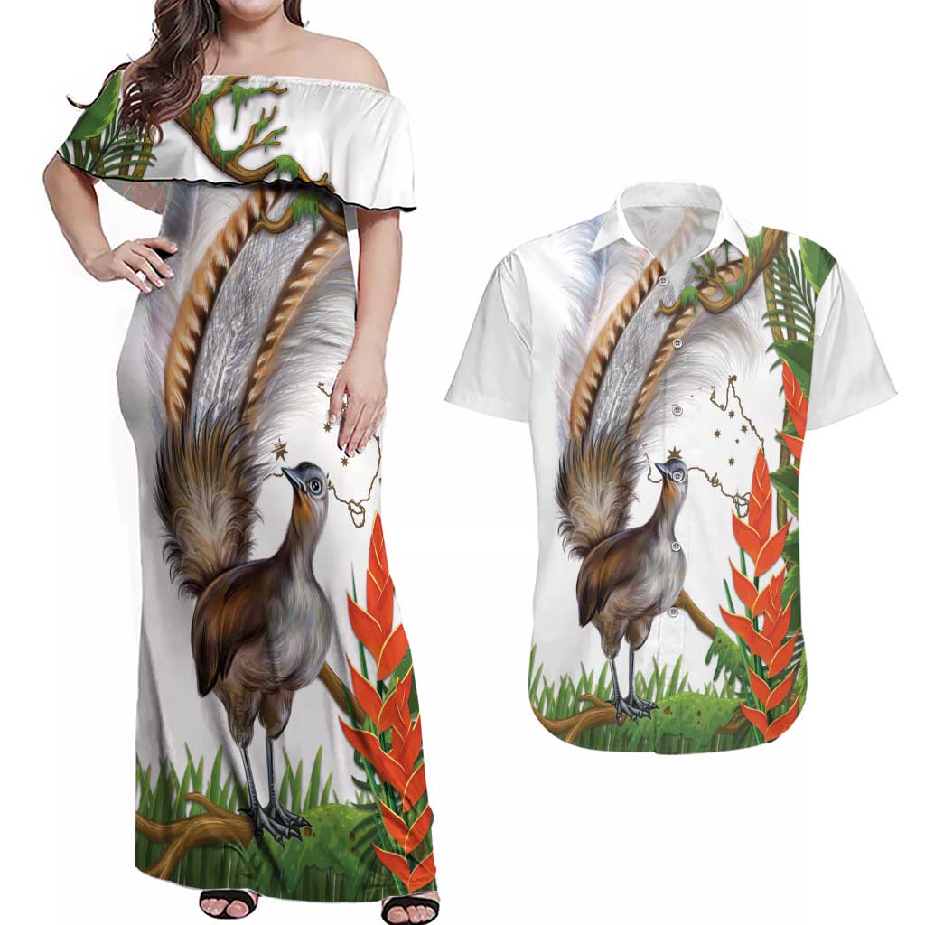 Australia Superb Lyrebird Couples Matching Off Shoulder Maxi Dress and Hawaiian Shirt Aussie Map - Rainforest Vibes