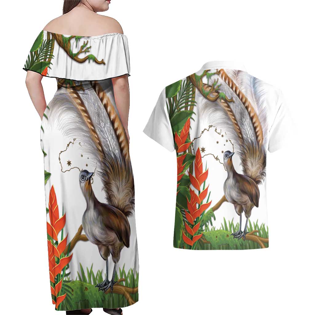 Australia Superb Lyrebird Couples Matching Off Shoulder Maxi Dress and Hawaiian Shirt Aussie Map - Rainforest Vibes