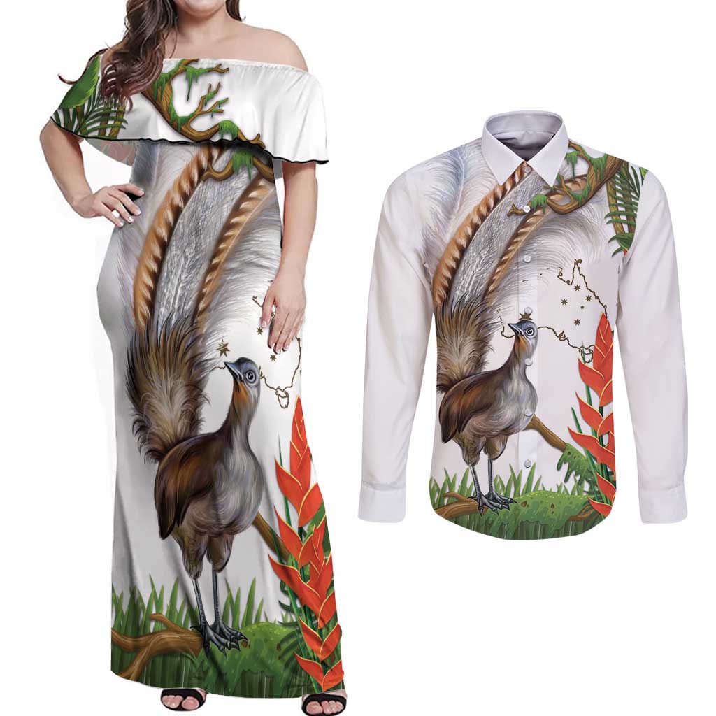 Australia Superb Lyrebird Couples Matching Off Shoulder Maxi Dress and Long Sleeve Button Shirt Aussie Map - Rainforest Vibes