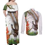 Australia Superb Lyrebird Couples Matching Off Shoulder Maxi Dress and Long Sleeve Button Shirt Aussie Map - Rainforest Vibes