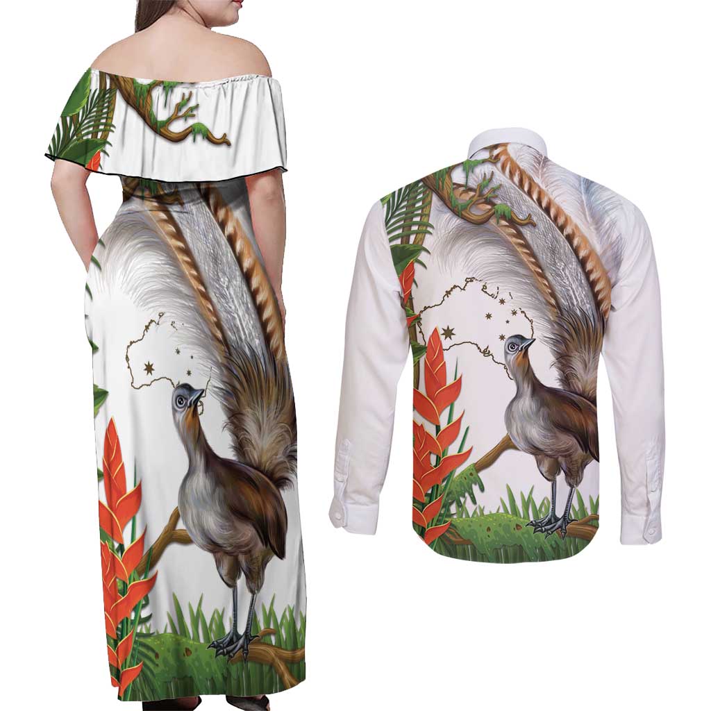 Australia Superb Lyrebird Couples Matching Off Shoulder Maxi Dress and Long Sleeve Button Shirt Aussie Map - Rainforest Vibes