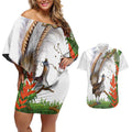 Australia Superb Lyrebird Couples Matching Off Shoulder Short Dress and Hawaiian Shirt Aussie Map - Rainforest Vibes