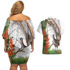 Australia Superb Lyrebird Couples Matching Off Shoulder Short Dress and Hawaiian Shirt Aussie Map - Rainforest Vibes