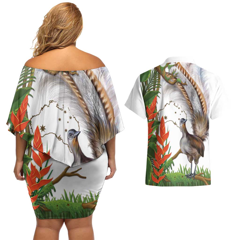 Australia Superb Lyrebird Couples Matching Off Shoulder Short Dress and Hawaiian Shirt Aussie Map - Rainforest Vibes
