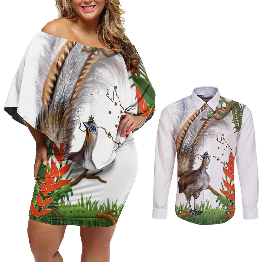 Australia Superb Lyrebird Couples Matching Off Shoulder Short Dress and Long Sleeve Button Shirt Aussie Map - Rainforest Vibes