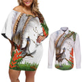 Australia Superb Lyrebird Couples Matching Off Shoulder Short Dress and Long Sleeve Button Shirt Aussie Map - Rainforest Vibes