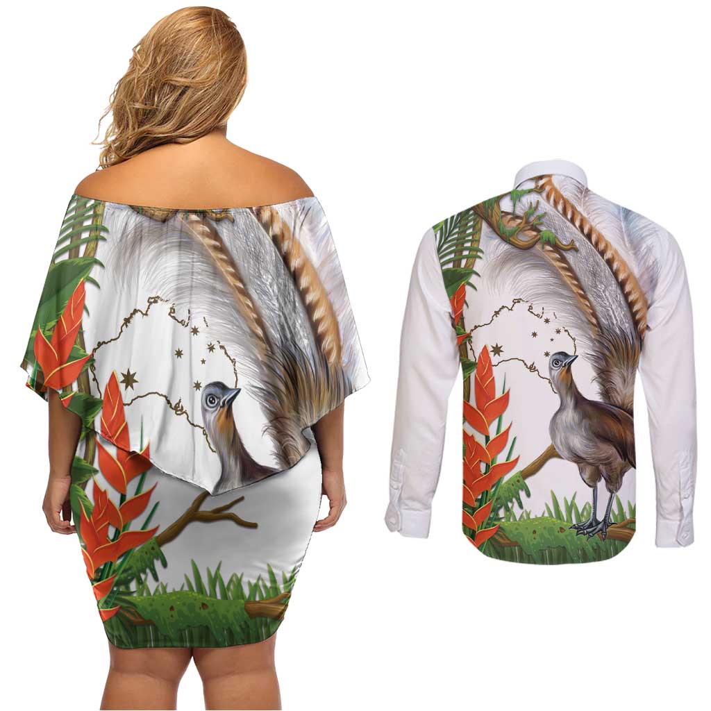 Australia Superb Lyrebird Couples Matching Off Shoulder Short Dress and Long Sleeve Button Shirt Aussie Map - Rainforest Vibes