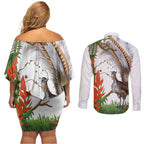Australia Superb Lyrebird Couples Matching Off Shoulder Short Dress and Long Sleeve Button Shirt Aussie Map - Rainforest Vibes