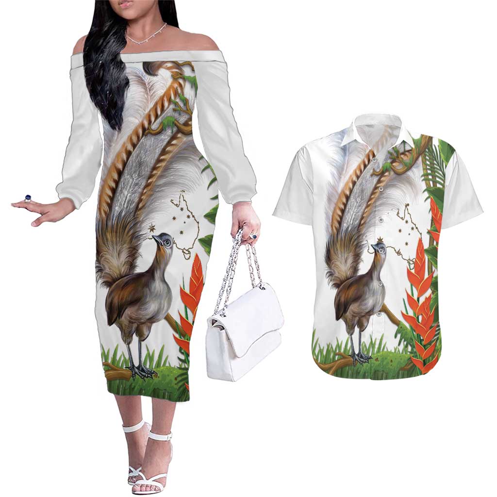 Australia Superb Lyrebird Couples Matching Off The Shoulder Long Sleeve Dress and Hawaiian Shirt Aussie Map - Rainforest Vibes