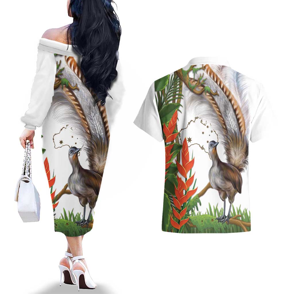 Australia Superb Lyrebird Couples Matching Off The Shoulder Long Sleeve Dress and Hawaiian Shirt Aussie Map - Rainforest Vibes