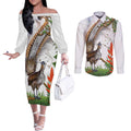 Australia Superb Lyrebird Couples Matching Off The Shoulder Long Sleeve Dress and Long Sleeve Button Shirt Aussie Map - Rainforest Vibes