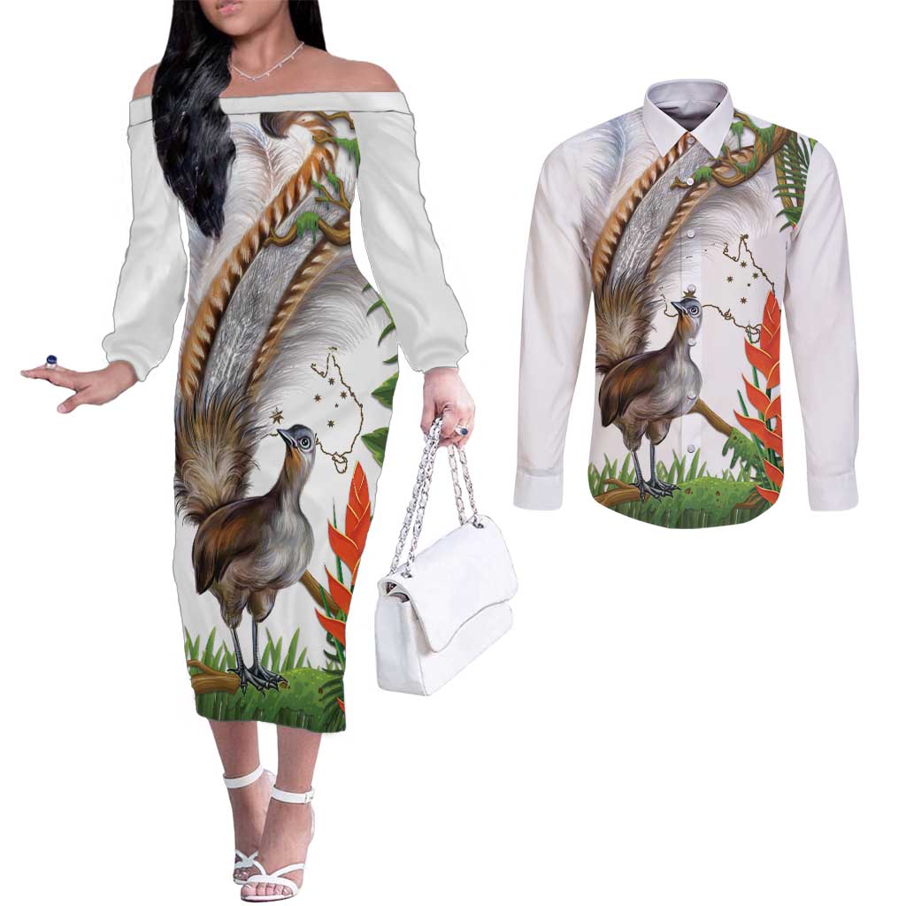 Australia Superb Lyrebird Couples Matching Off The Shoulder Long Sleeve Dress and Long Sleeve Button Shirt Aussie Map - Rainforest Vibes