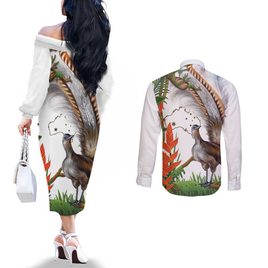 Australia Superb Lyrebird Couples Matching Off The Shoulder Long Sleeve Dress and Long Sleeve Button Shirt Aussie Map - Rainforest Vibes