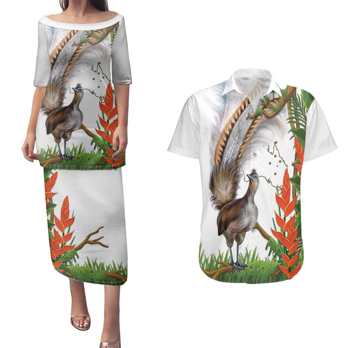 Australia Superb Lyrebird Couples Matching Puletasi and Hawaiian Shirt Aussie Map - Rainforest Vibes