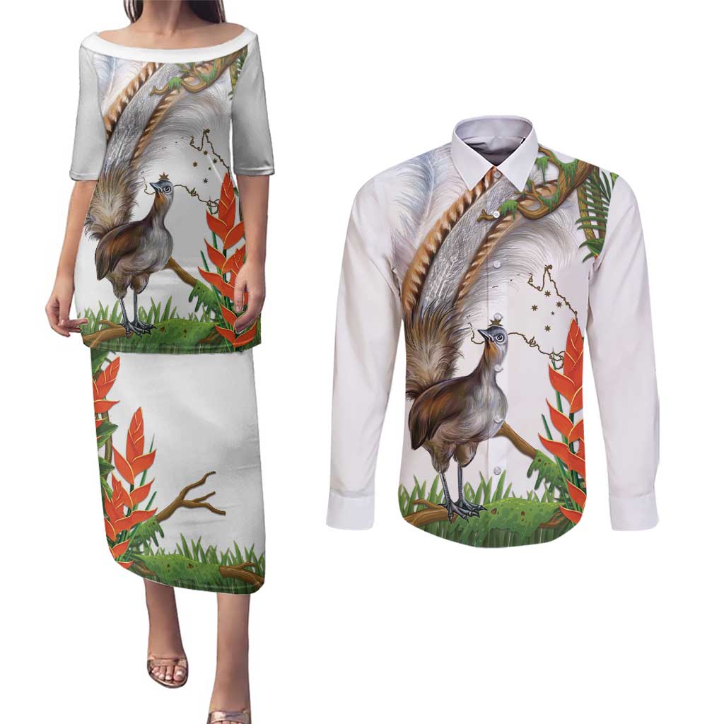 Australia Superb Lyrebird Couples Matching Puletasi and Long Sleeve Button Shirt Aussie Map - Rainforest Vibes