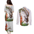 Australia Superb Lyrebird Couples Matching Puletasi and Long Sleeve Button Shirt Aussie Map - Rainforest Vibes