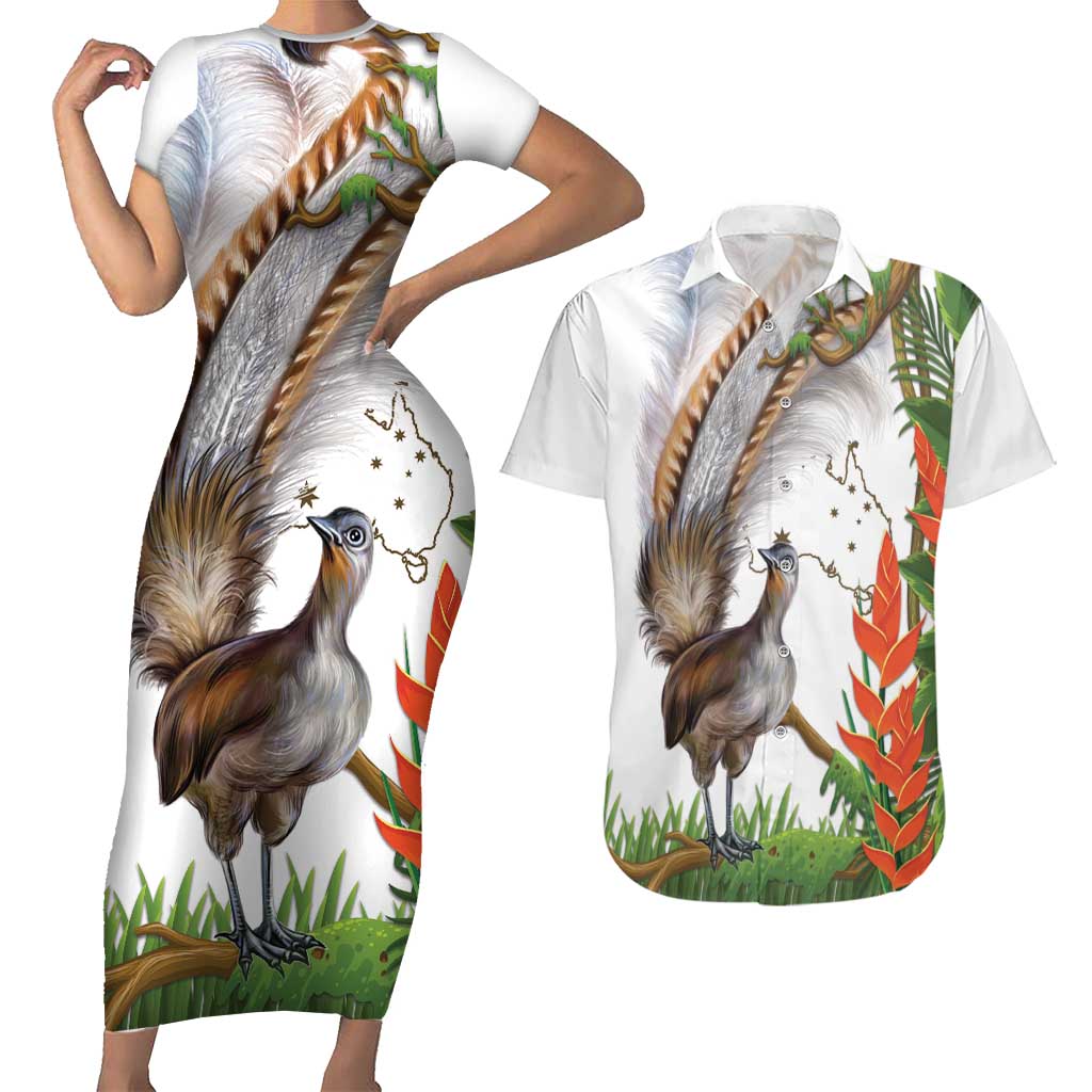 Australia Superb Lyrebird Couples Matching Short Sleeve Bodycon Dress and Hawaiian Shirt Aussie Map - Rainforest Vibes