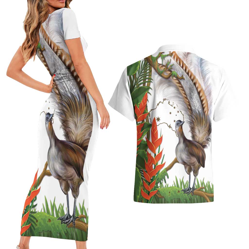 Australia Superb Lyrebird Couples Matching Short Sleeve Bodycon Dress and Hawaiian Shirt Aussie Map - Rainforest Vibes
