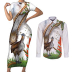Australia Superb Lyrebird Couples Matching Short Sleeve Bodycon Dress and Long Sleeve Button Shirt Aussie Map - Rainforest Vibes
