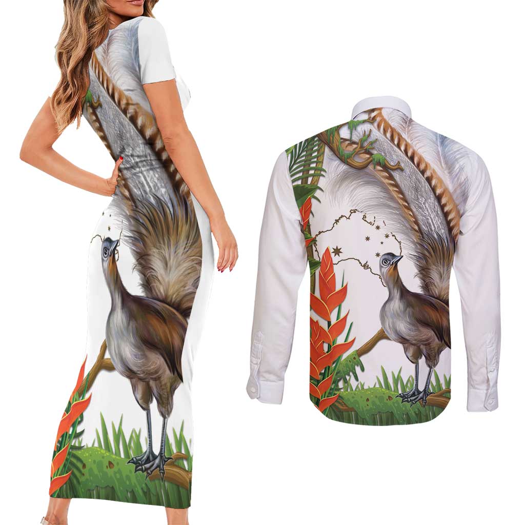 Australia Superb Lyrebird Couples Matching Short Sleeve Bodycon Dress and Long Sleeve Button Shirt Aussie Map - Rainforest Vibes