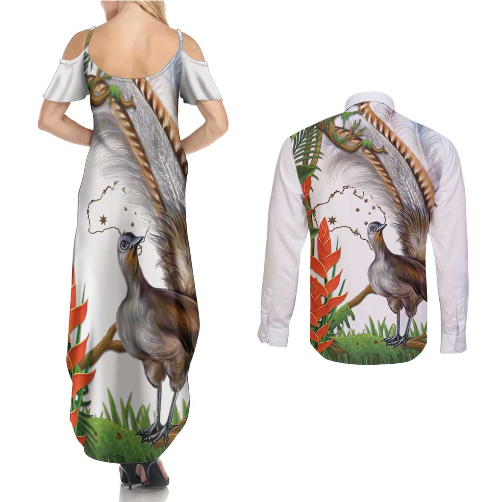 Australia Superb Lyrebird Couples Matching Summer Maxi Dress and Long Sleeve Button Shirt Aussie Map - Rainforest Vibes