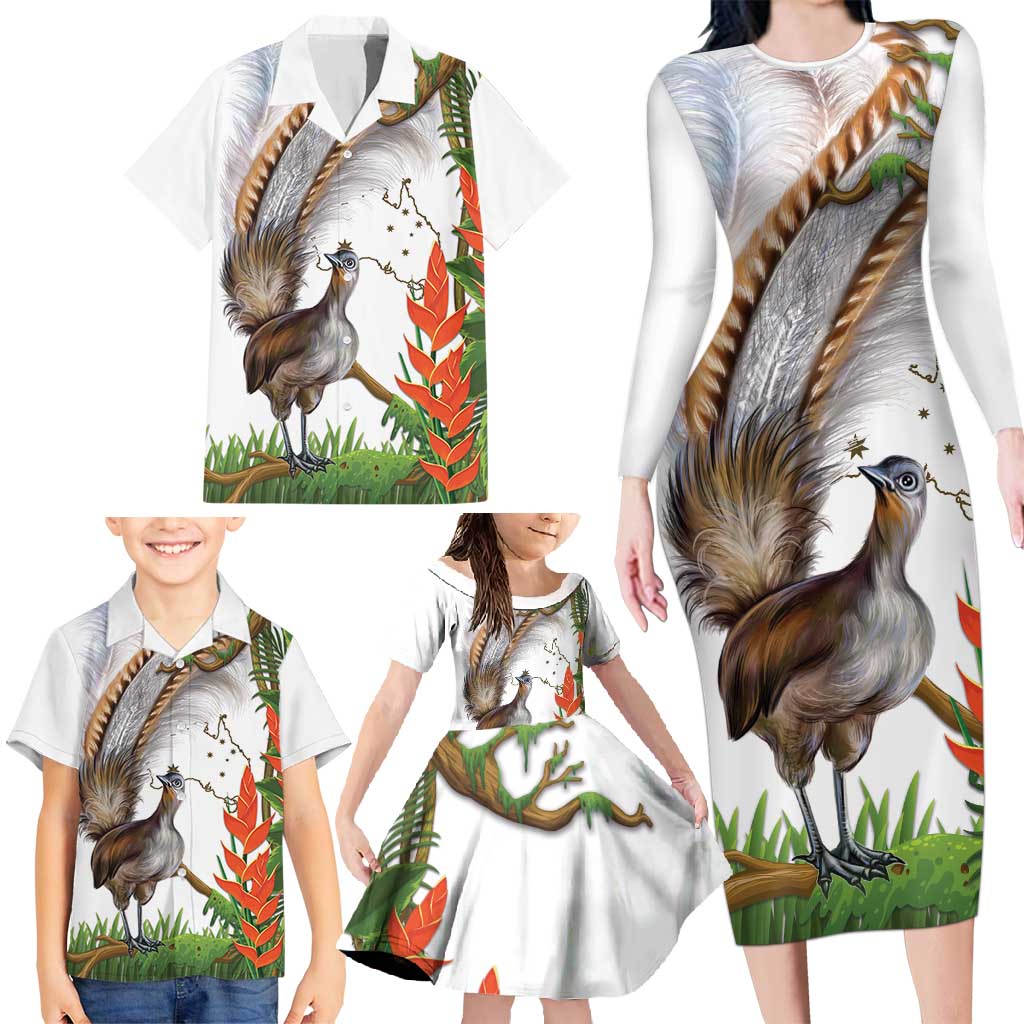 Australia Superb Lyrebird Family Matching Long Sleeve Bodycon Dress and Hawaiian Shirt Aussie Map - Rainforest Vibes