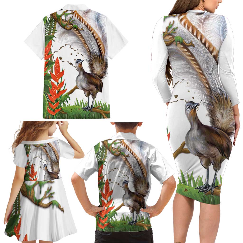 Australia Superb Lyrebird Family Matching Long Sleeve Bodycon Dress and Hawaiian Shirt Aussie Map - Rainforest Vibes