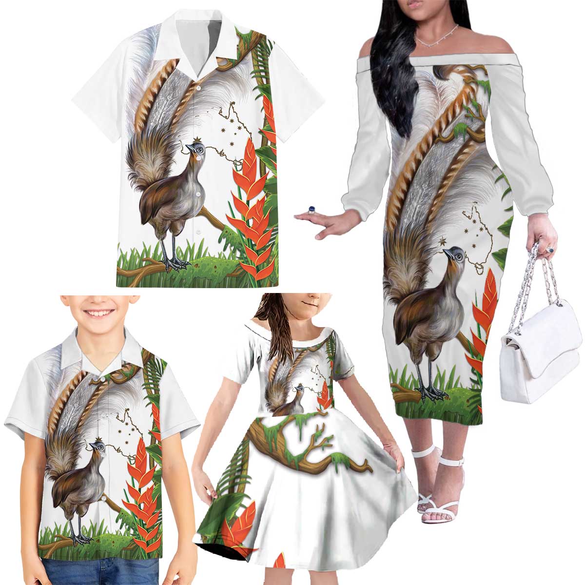 Australia Superb Lyrebird Family Matching Off The Shoulder Long Sleeve Dress and Hawaiian Shirt Aussie Map - Rainforest Vibes