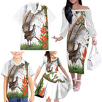 Australia Superb Lyrebird Family Matching Off The Shoulder Long Sleeve Dress and Hawaiian Shirt Aussie Map - Rainforest Vibes
