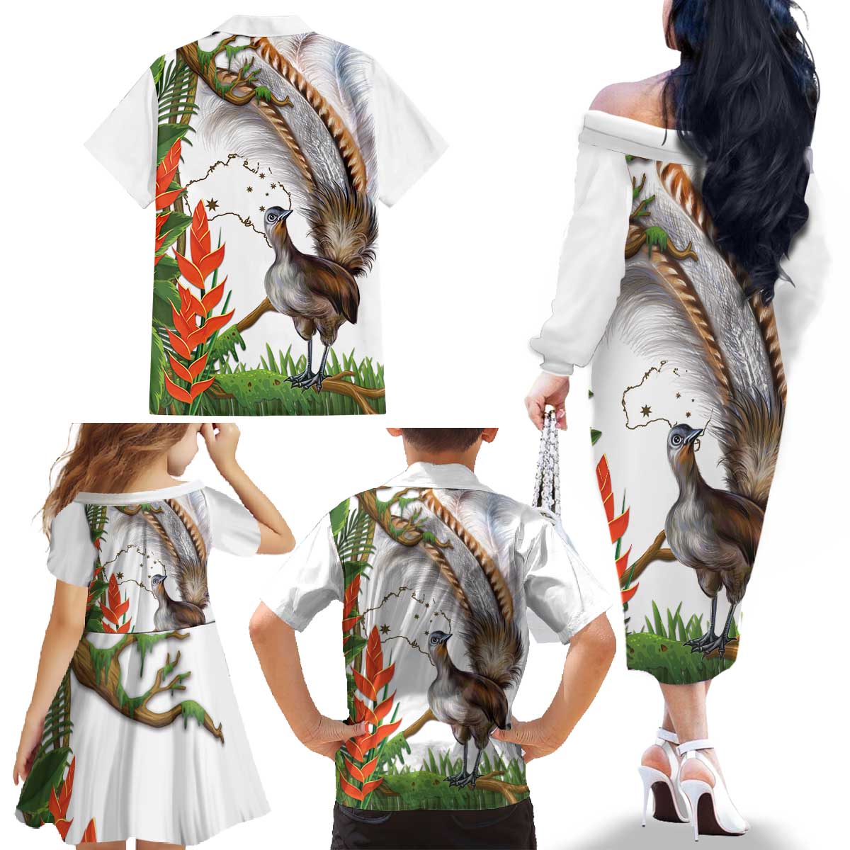 Australia Superb Lyrebird Family Matching Off The Shoulder Long Sleeve Dress and Hawaiian Shirt Aussie Map - Rainforest Vibes