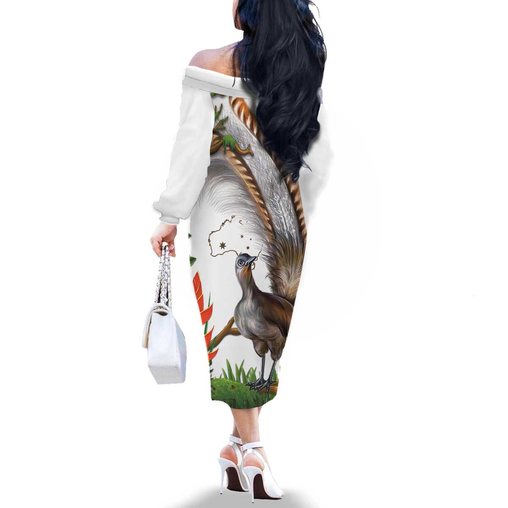 Australia Superb Lyrebird Family Matching Off The Shoulder Long Sleeve Dress and Hawaiian Shirt Aussie Map - Rainforest Vibes