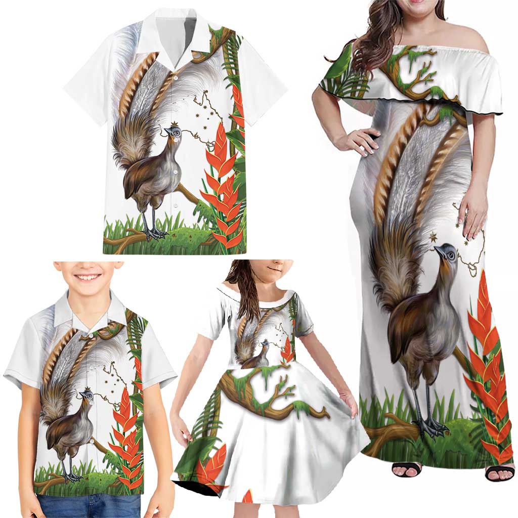 Australia Superb Lyrebird Family Matching Off Shoulder Maxi Dress and Hawaiian Shirt Aussie Map - Rainforest Vibes