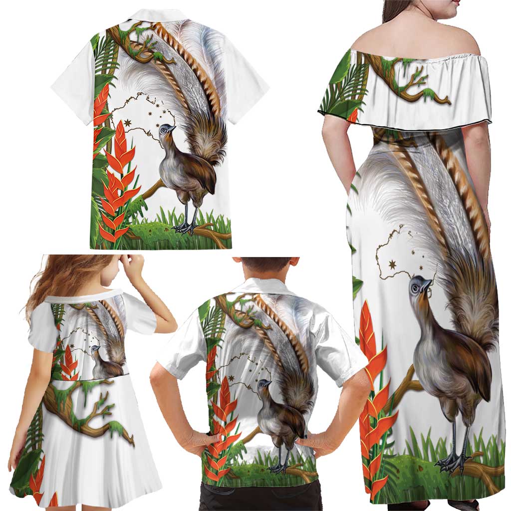 Australia Superb Lyrebird Family Matching Off Shoulder Maxi Dress and Hawaiian Shirt Aussie Map - Rainforest Vibes
