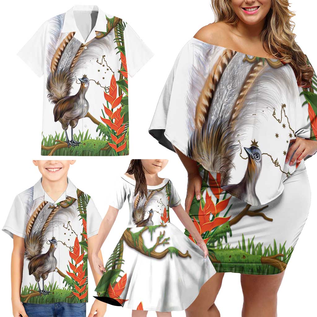 Australia Superb Lyrebird Family Matching Off Shoulder Short Dress and Hawaiian Shirt Aussie Map - Rainforest Vibes