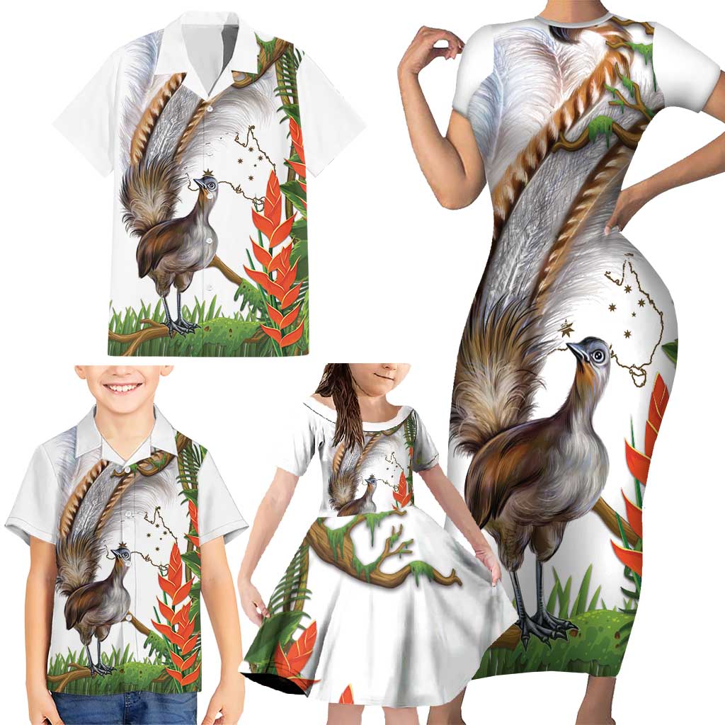 Australia Superb Lyrebird Family Matching Short Sleeve Bodycon Dress and Hawaiian Shirt Aussie Map - Rainforest Vibes