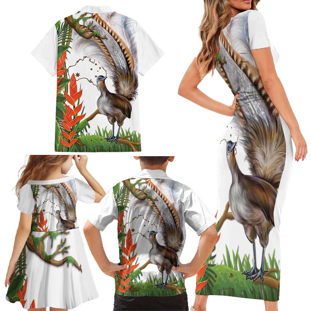Australia Superb Lyrebird Family Matching Short Sleeve Bodycon Dress and Hawaiian Shirt Aussie Map - Rainforest Vibes
