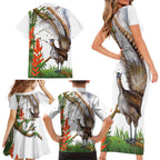 Australia Superb Lyrebird Family Matching Short Sleeve Bodycon Dress and Hawaiian Shirt Aussie Map - Rainforest Vibes