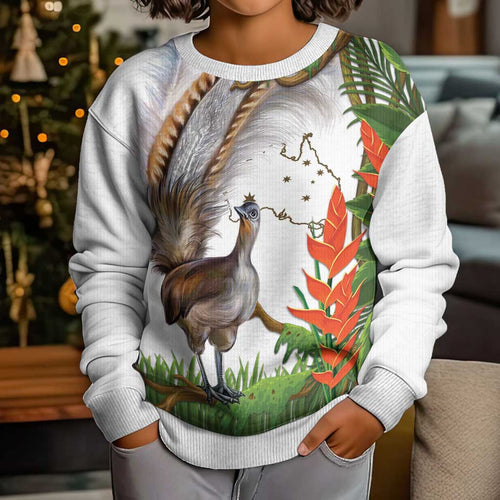 Australia Superb Lyrebird Kid Ugly Christmas Sweater Aussie Map - Rainforest Vibes