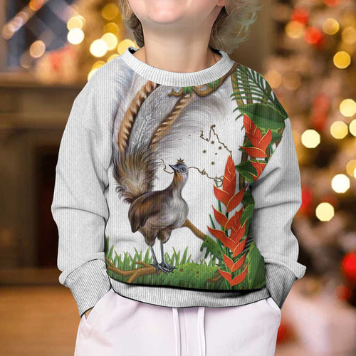 Australia Superb Lyrebird Kid Ugly Christmas Sweater Aussie Map - Rainforest Vibes