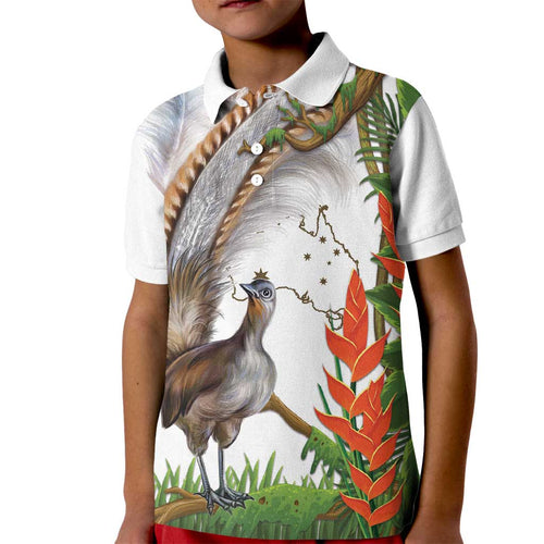 Australia Superb Lyrebird Kid Polo Shirt Aussie Map - Rainforest Vibes