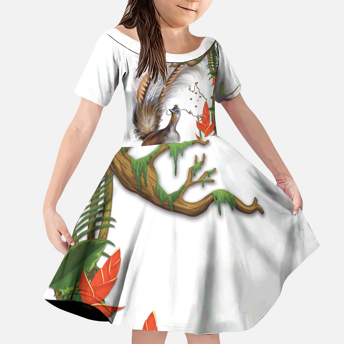 Australia Superb Lyrebird Kid Short Sleeve Dress Aussie Map - Rainforest Vibes